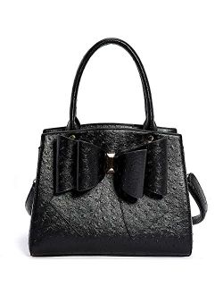 Women's Classic Textured Vegan Leather Double Bow Top Handle Fashion Satchel Handbag