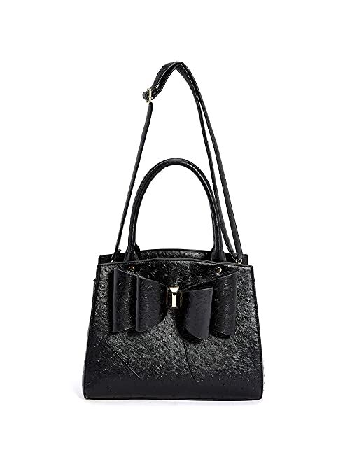 LIKE DREAMS Women's Classic Textured Vegan Leather Double Bow Top Handle Fashion Satchel Handbag