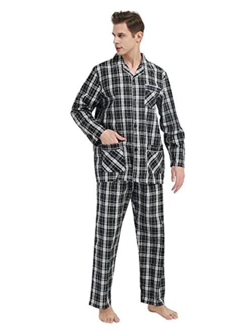 GLOBAL Mens Pajamas Set, 100% Cotton Woven Drawstring Sleepwear Set with Top and Pants/Bottoms