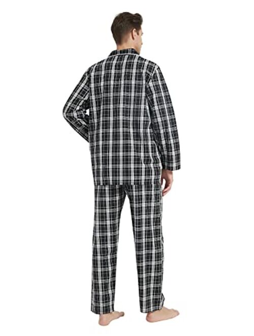 GLOBAL Mens Pajamas Set, 100% Cotton Woven Drawstring Sleepwear Set with Top and Pants/Bottoms