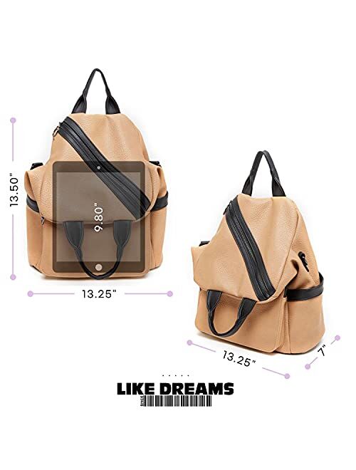LIKE DREAMS Unisex Wander Sideways Zip Hobo Backpack Convertible Vegan Leather Messenger Bag (BEIGE)