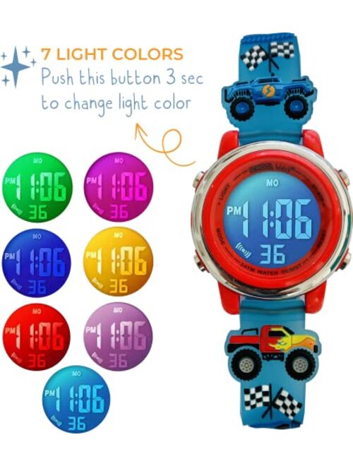 Preschool Collection Kids 3D Digital First Watch - Waterproof, 7 Colors Light with Alarm & Stopwatch - for Girls, Toddler & Children from 3 to 10 Years Old - School Watch