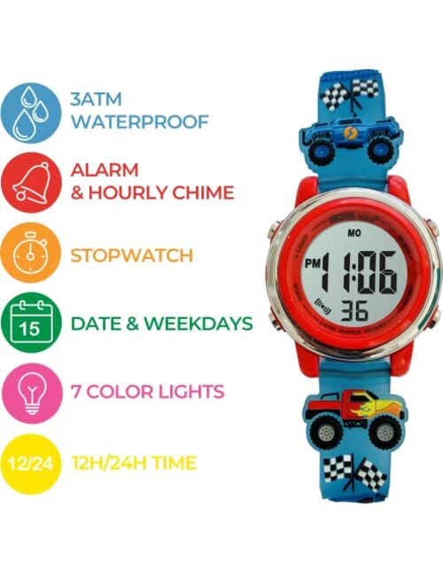 Preschool Collection Kids 3D Digital First Watch - Waterproof, 7 Colors Light with Alarm & Stopwatch - for Girls, Toddler & Children from 3 to 10 Years Old - School Watch