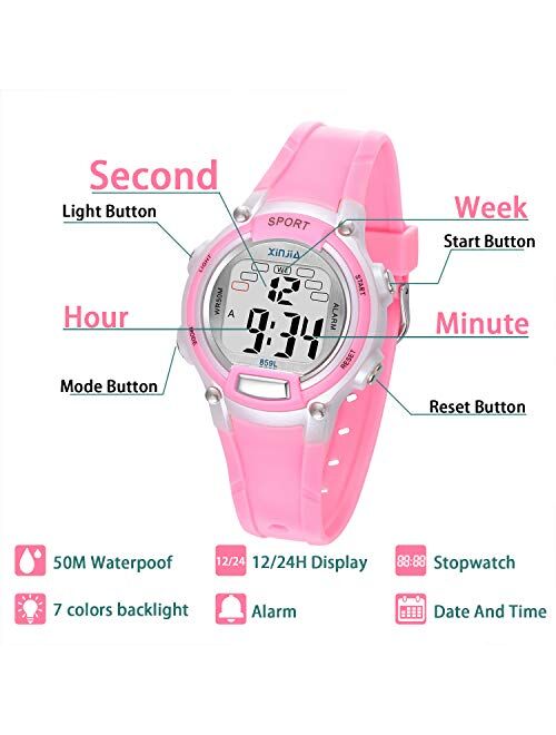 Edillas Kids Digital Watches for Girls Boys,7 Colors LED Flashing Waterproof Wrist Watches for Boys Girls Child Sport Outdoor Multifunctional Wrist Watches with Stopwatch