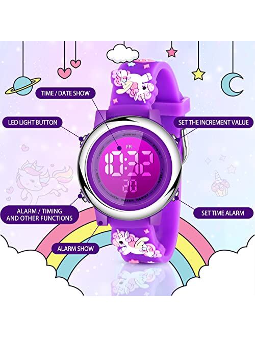 Yaomiao 3 Pieces Unicorn Kids Watch and Unicorn Bracelet 3D Cartoon Waterproof Toddler Wrist Digital Watch 7 Color Lights Watch with Alarm Stopwatch Christmas Gift for 3-