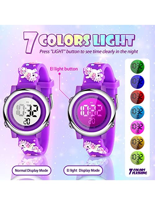 Yaomiao 3 Pieces Unicorn Kids Watch and Unicorn Bracelet 3D Cartoon Waterproof Toddler Wrist Digital Watch 7 Color Lights Watch with Alarm Stopwatch Christmas Gift for 3-