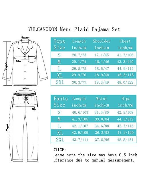 Vulcanodon Mens Plaid Pajama Set, Soft Print Pajamas for Men, Lightweight Warm PJS with Pockets