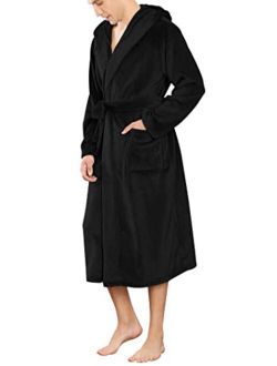 YIMANIE Mens Flannel Robe Hooded Plush Shawl Long Bathrobe Sleepwear