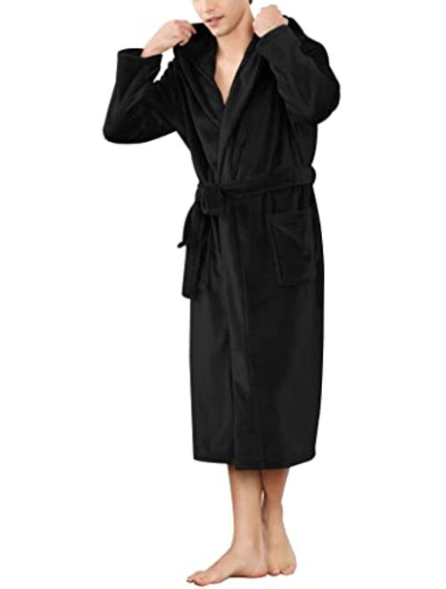YIMANIE Mens Flannel Robe Hooded Plush Shawl Long Bathrobe Sleepwear