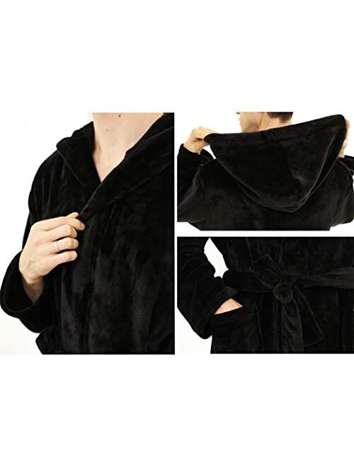 YIMANIE Mens Flannel Robe Hooded Plush Shawl Long Bathrobe Sleepwear
