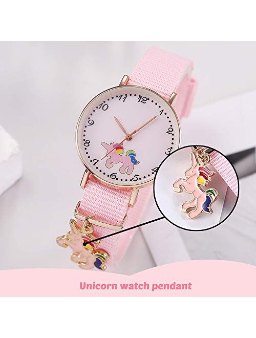 Nmgoi Unicorn Watch Girls Watch Pink Nylon Band Analog Wrist Watch