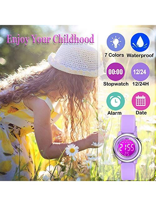 Venhoo Kids Watch 7 Color Digital Lights Outdoor Sport Toddler Wrist Watch with Luminous Alarm Stopwatch for Little Girls Boys Child