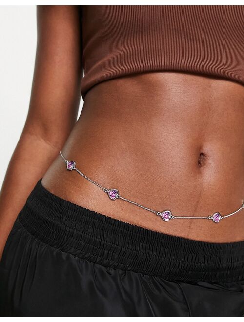 Asos Design belly chain with pink hearts in silver tone