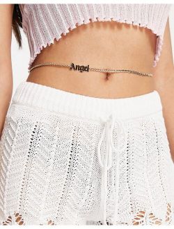 belly chain with gothic font angel in gold tone