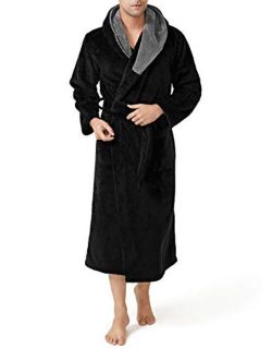 Men's Coral Fleece Plush Robe Shawl Collar Heavyweight Full Length Long Big and Tall Warm Bathrobe