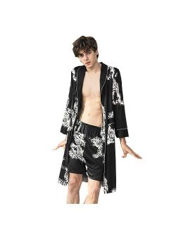 COSOSA Mens Satin Robe with Shorts - Long Sleeve Kimono Printed Bathrobe Multicolor