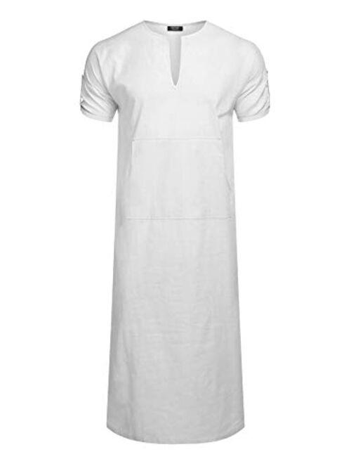COOFANDY Men's V-Neck Linen Robe Short Sleeve Kaftan Thobe Long Gown Casual Shirt for Beach, Summer