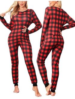 Womens One Piece Pajama with Drop Seat Butt Flap Union Suit Pajamas Sleepwear Jumpsuit S-XXL