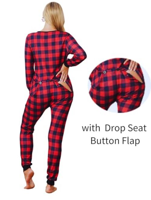 Ekouaer Womens One Piece Pajama with Drop Seat Butt Flap Union Suit Pajamas Sleepwear Jumpsuit S-XXL