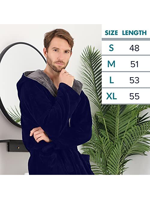 SeaKanana Mens Large Hooded Long Bathrobe with Chest Button,Big Tall Fleece Housecoat Extra Lightweight and Warm