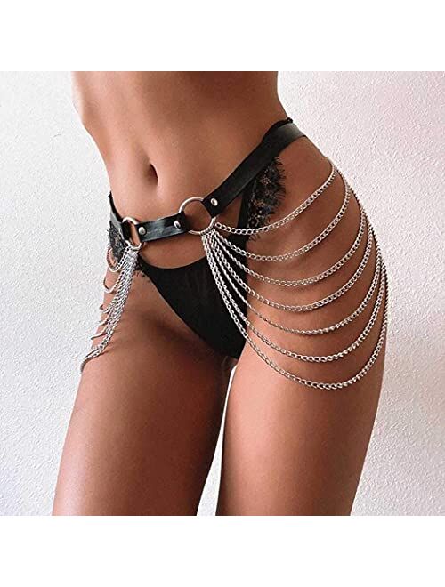 Victray Punk Black Waist Chain Belt Leather Layered Belly Body Chains Rave Body Jewelry Accessories for Women and Girls