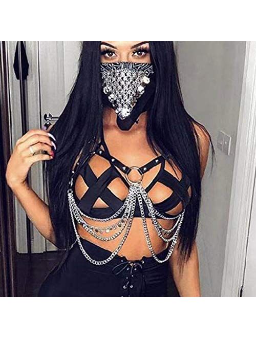 Reetan Punk Layered Chest Chains Silver Leather Body Chains Ring Rave Party Nightclub Body Jewelry Accessories for Women and Girls