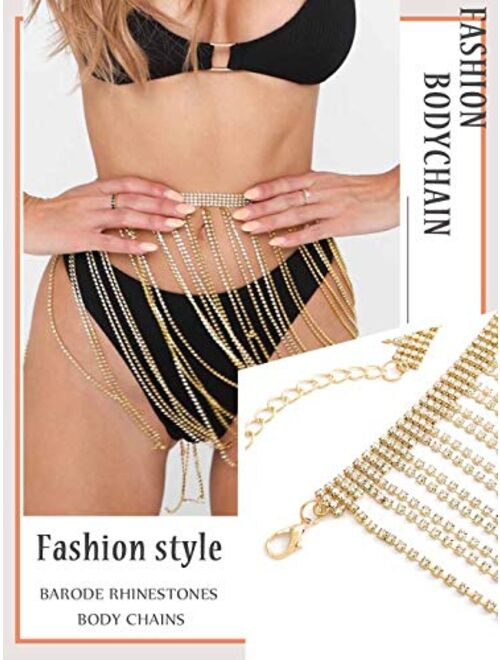 Barode Crystal Tassel Body Chains Belly Dance Skirts Rhinestones Sexy Bikini Summer Beach Hip Waist Chain Nightclub Jewelry Accessories for Women and Girls (Silver)