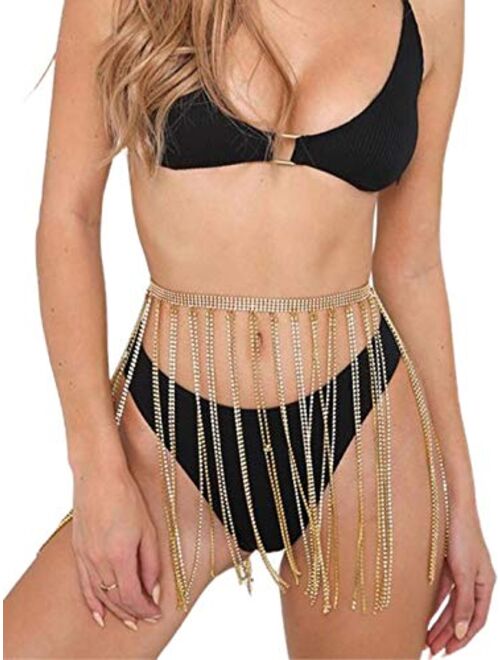 Barode Crystal Tassel Body Chains Belly Dance Skirts Rhinestones Sexy Bikini Summer Beach Hip Waist Chain Nightclub Jewelry Accessories for Women and Girls (Silver)