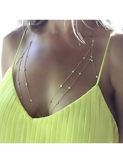 Asooll Layer Crystal Body Chain Rhinestone Bra Beach Bikini Chains Harness Chain Party Nightclub Body Accessories Jewelry for Women and Girls (Gold)