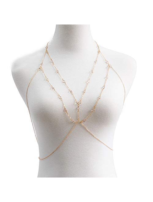Asooll Layer Crystal Body Chain Rhinestone Bra Beach Bikini Chains Harness Chain Party Nightclub Body Accessories Jewelry for Women and Girls (Gold)