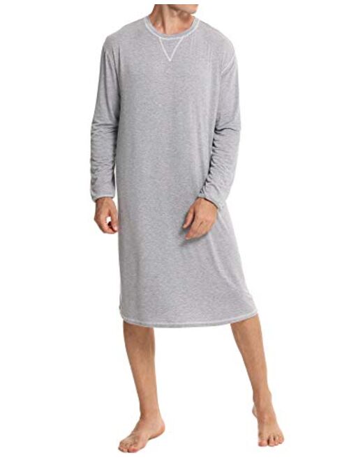 SWOMOG Men's Nightshirt Long Sleeve Crewneck Modal Nightgown Loose Comfy Sleep Shirt