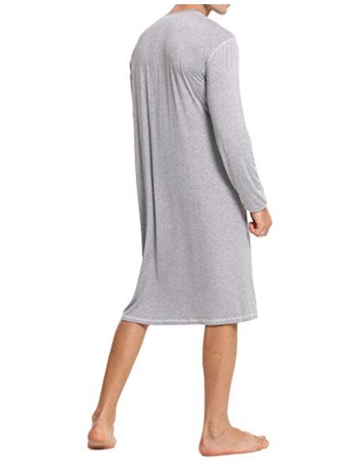 SWOMOG Men's Nightshirt Long Sleeve Crewneck Modal Nightgown Loose Comfy Sleep Shirt