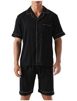 ninovino Men's Satin Pajamas Set Woven Short Sleeve with Shorts Button-Down Classic Sleepwear Loungwear