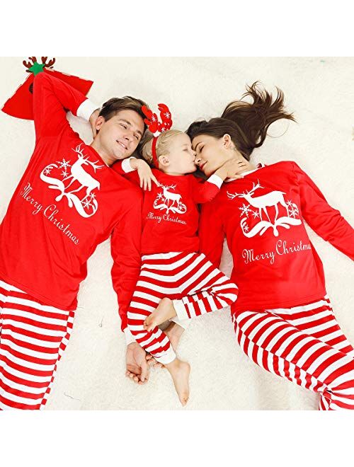 Saeaby Family Pajamas Christmas Pjs Matching Set Striped Sleepwears Pants Xmas Jammies Holiday Christmas Pajamas for Family