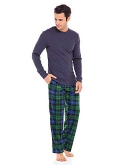 Flannel Cotton Yarn Plaid Mens Pajama Set, Soft PJ Pants & Shirt