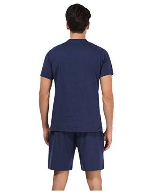 Aiboria Mens Pajamas Shorts Set Summer Sleepwear Cotton Short Sleeve Lounge PJ Set,S-XXL