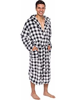 Mens Robe with Hood - Mid Length - Buffalo Plaid Plush Fleece Bathrobe