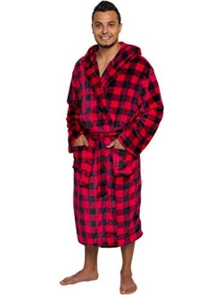 Mens Robe with Hood - Mid Length - Buffalo Plaid Plush Fleece Bathrobe