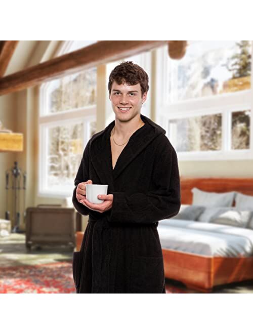 Ross Michaels Mens Robe Big & Tall with Hood - Long Terry Cotton Bathrobe with Shawl Collar