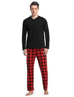 Vlazom Men's Long Sleeve Pajama Sets Cotton Pj's Sets Solid Tee and Plaid Fleece Pant Sleep Set for Loungewear Sleepwear