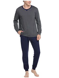 Sykooria Men's Pajamas Set Long Sleeve Plaid Loungewear Cotton Striped Sleepwear with Pockets 2 Piece Comfy Pjs Set