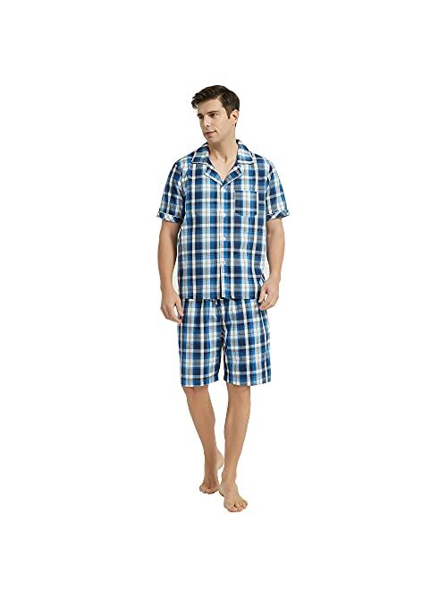 Vulcanodon Mens Cotton Pajama Set Short Sleeve, Button Down Pajama Set for Men Plaid Men's Sleepwear