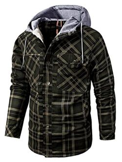 Men's Winter Thick Fuzzy Sherpa Lined Corduroy Plaid Button Up Flannel Shirt Jacket
