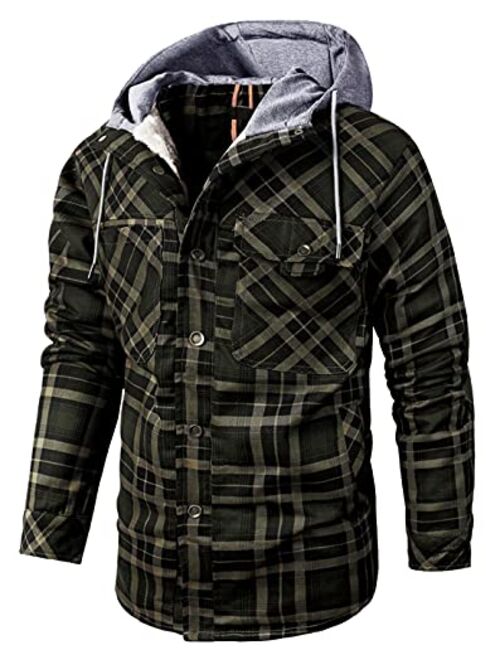 chouyatou Men's Winter Thick Fuzzy Sherpa Lined Corduroy Plaid Button Up Flannel Shirt Jacket