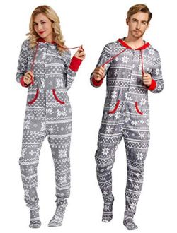 Women’s Christmas Onesie Pajamas Warm Hooded Footed Sleepwear Zip-Up Loungewear Jumpsuit S-XXL