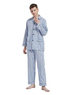 Amaxer Mens 100% Cotton Pajamas Set Long Sleeve Pjs Button Fly Pants Soft Elastic Drawstring Waistband Bottoms