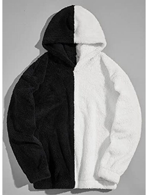 Renaowin Mens Fuzzy Sherpa Pullover Hoodies Sweatshirts Long Sleeve Color Block Hooded Sweater