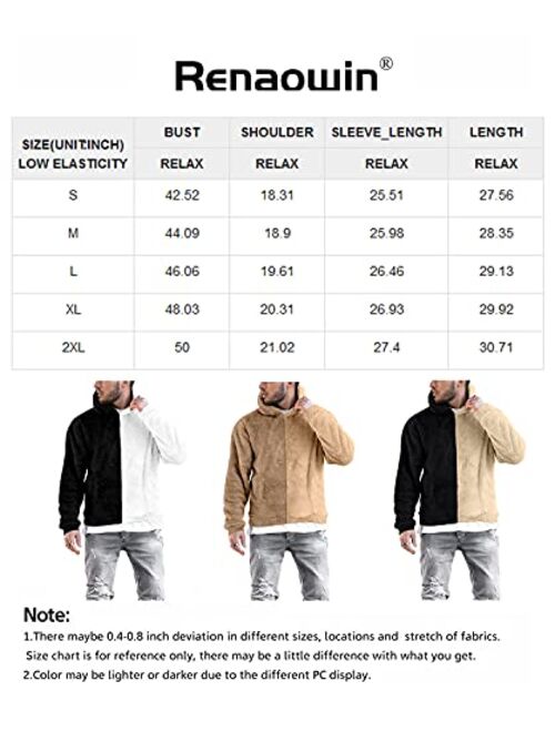 Renaowin Mens Fuzzy Sherpa Pullover Hoodies Sweatshirts Long Sleeve Color Block Hooded Sweater