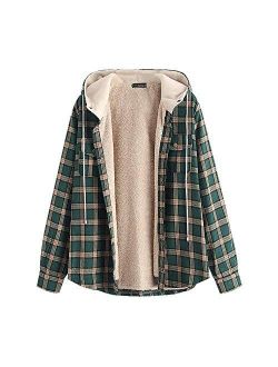 Men’s Plaid Fleece Hooded Jacket Unisex Flannel Lined Long Sleeves Drawstring Fuzzy Hoodie Shirt Coat