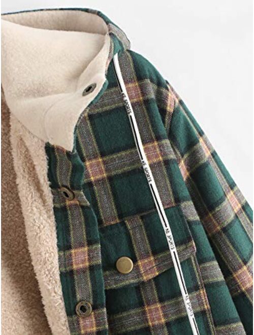 ZAFUL Men’s Plaid Fleece Hooded Jacket Unisex Flannel Lined Long Sleeves Drawstring Fuzzy Hoodie Shirt Coat
